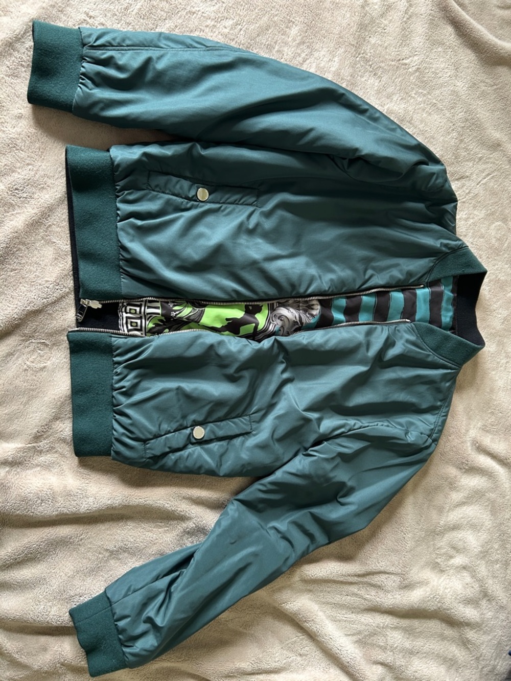 Versace Teal Green Bomber Jacket with Contrast Trim